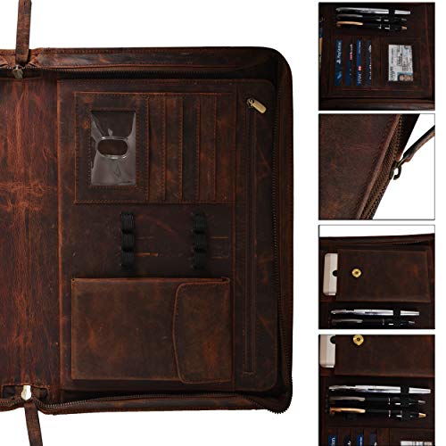 Leather Business Padfolio Portfolio for Men - Professional Executive Zippered Binder Folder 13.5 x 11 Inches Notepad Folio School Organizer for Women (Brown Crazy Horse)