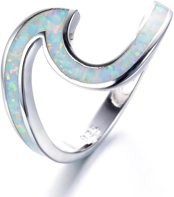 Bamos 925 Sterling Silver Ring Wave Ocean Beach Lab Created White Opal. Silver Ring Sizes 5