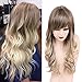 Emmor Blonde Long Wavy Human Hair Wigs for Women Blend With Kanecalon Fiber Ombre Curly Wig with Bangs,Natural Daily Use