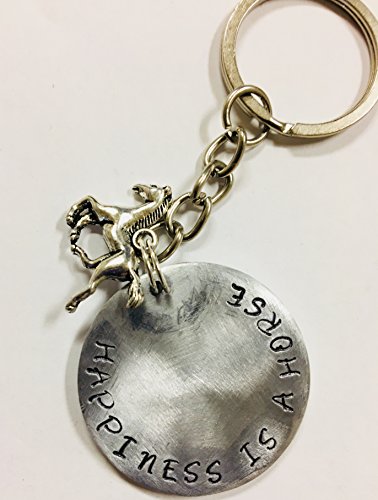Horse Equestrian Keychain "Happiness is a horse" handstamped - Thumbnail 2