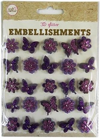 Coloured 3D Glitter Embellishments - Purple Flowers and Butterflies - by Craft Corner