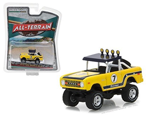 New 1:64 GREENLIGHT ALL-TERRAIN SERIES 6 COLLECTION - Yellow 1972 Ford Baja Bronco "Firestone #7" Diecast Model Car By Greenlight