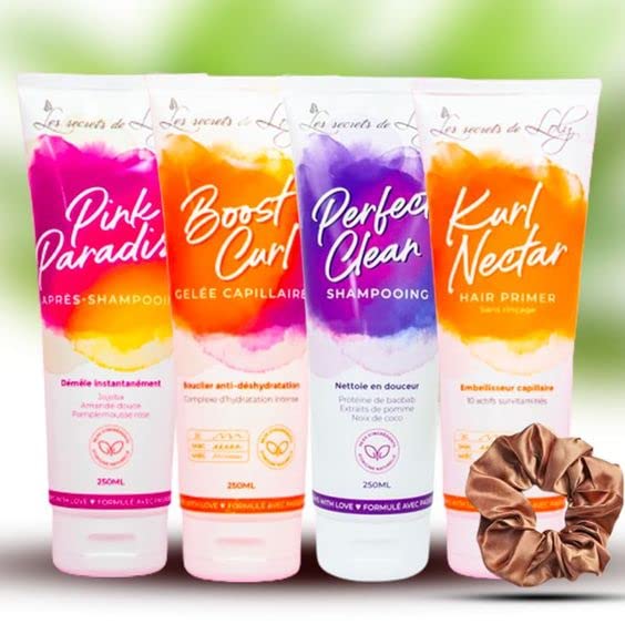 l'essentiel Les Secret De Loly Hair Care Pack - 4 x 250 ml + 1 Scrunchie (Random Colours) - Gently Cleanses, Moisturizes, Strengthens, Shapes & Boosts Curls