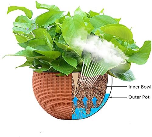 Round PE Resin Garden Plant Hanging Planters Basket Decor Rattan FlowerPots (Big, Brown)