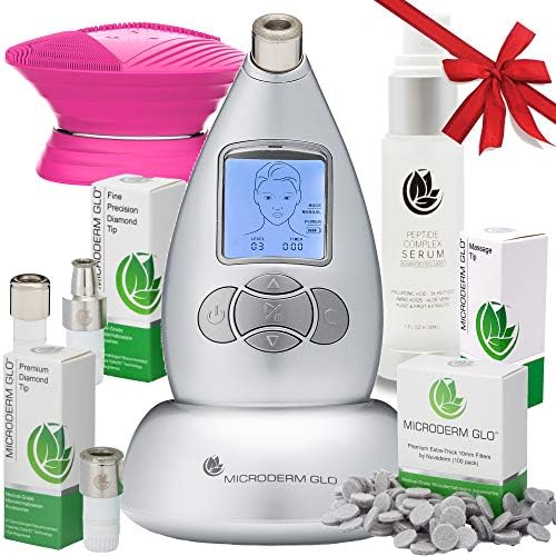 Microderm GLO Complete Skincare Package - Includes Diamond Microdermabrasion System, Premium, Fine, Massage Tips, 10mm Filters (100 pack), Peptide Complex Serum & Sonic Facial Cleansing Brush (Silver)