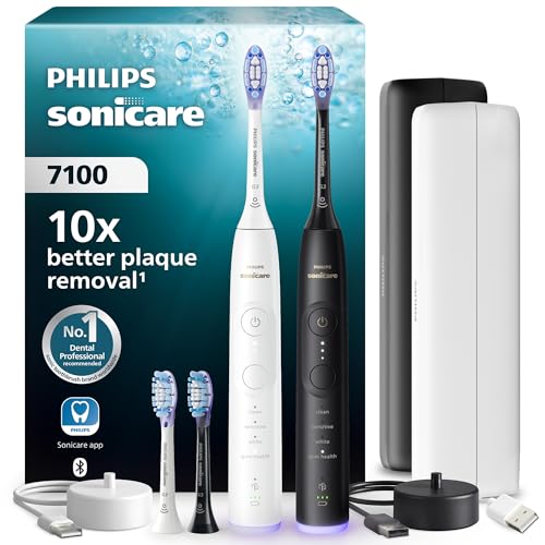 Philips Sonicare 7100 Series Electric Toothbrush - Next-Generation Sonicare Technology, Pressure Sensor, 12 Brushing Settings, 21-Day Runtime, Charging Travel Case, White & Black, 2 Pack, HX7429/04