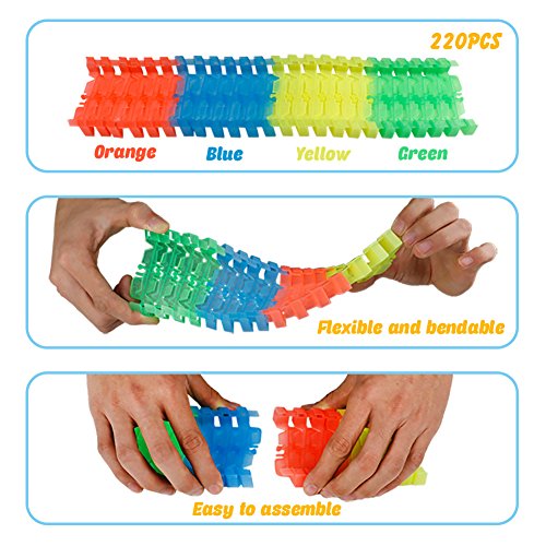 Race Rail Track Assemble Twister Amazing Race Track Kit Set Flexible Bendable Dark Glow,2 Car with Flashing Headlights LD Light,Great gift for Kids Toddlers Boys Girls,220 Pcs