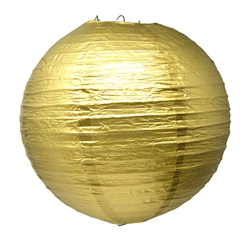 Mudra Crafts White Black Decorative Hanging Round Pastel Paper Lanterns with Led Light Bulb and Battery Set (Gold 12 Inches) - Thumbnail 3