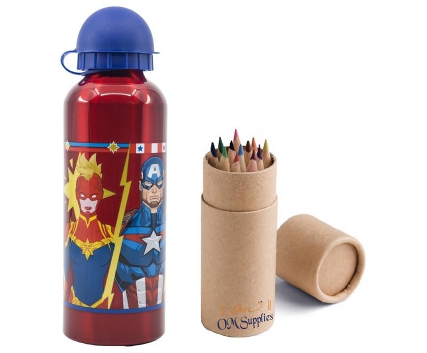 OM SUPPLIES Avengers Characters Aluminium Sports Bottle 530ml - Holiday, Back to School Water Drinking Kids Lunch Children Includes Half Size 12pcs (Avengers)