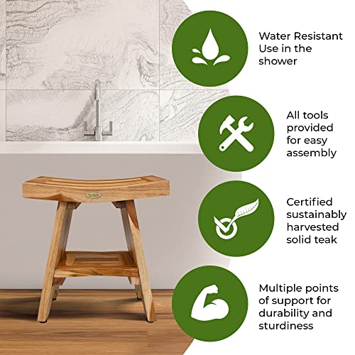 EcoDecors Serenity Shower Stool Natural Teak Wood Shower Bench with