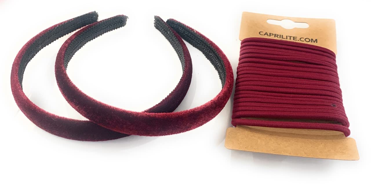 2 Velvet Girls School Headband Alice Band + 20 Elastics Hair Ties Bobbles Ponies Set UK (Burgundy/Dark Red)