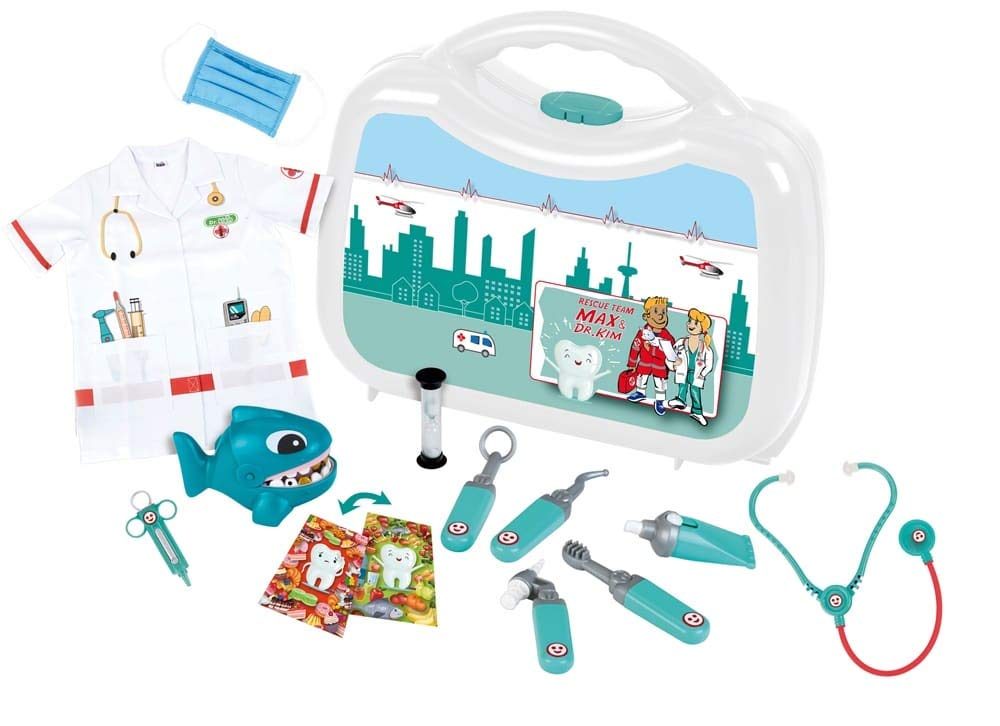 Theo Klein 4328 Dentist's case deluxe I Incl. Doctor costume, shark, hourglass and accessories. I Dimensions: 25 cm x 15 cm x 20 cm I Toys for children aged 3 and over