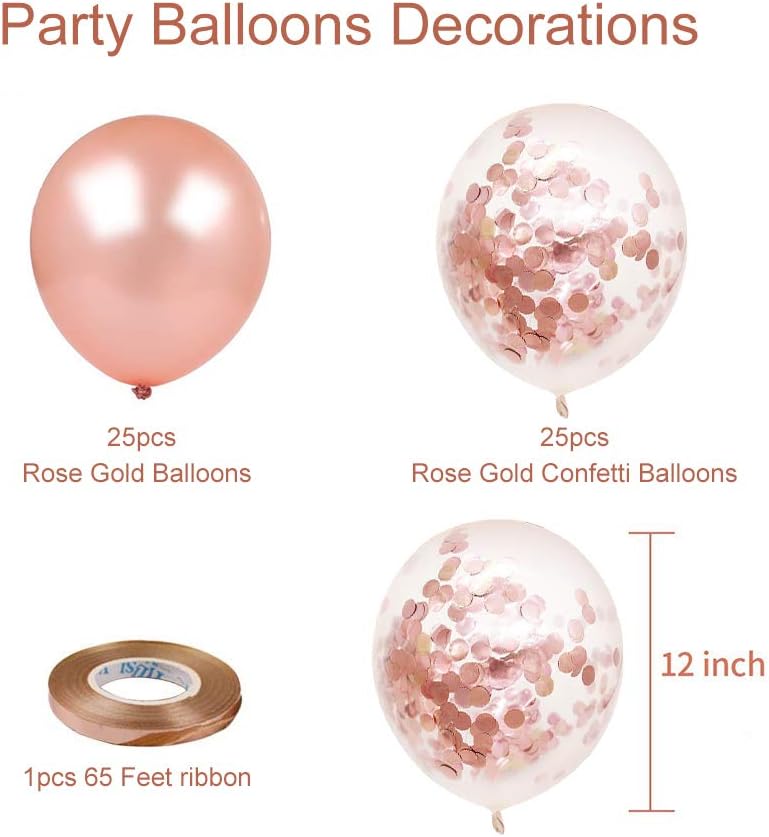Rose Gold Confetti Latex Balloons, 50 pack 12 inch Birthday Balloons with 33 Feet Rose Gold Ribbon for Party Wedding Bridal Shower Decorations: Toys & Games