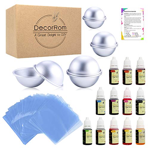 Bath Bomb Mold Set with Soap Colorant,Shrink Wrap Bags - Food Grade Skin Safe Soap Dye for DIY Bath Bomb Making Supplies Kit - Liquid Bath Bomb Dye for Soap Coloring - with Instructions