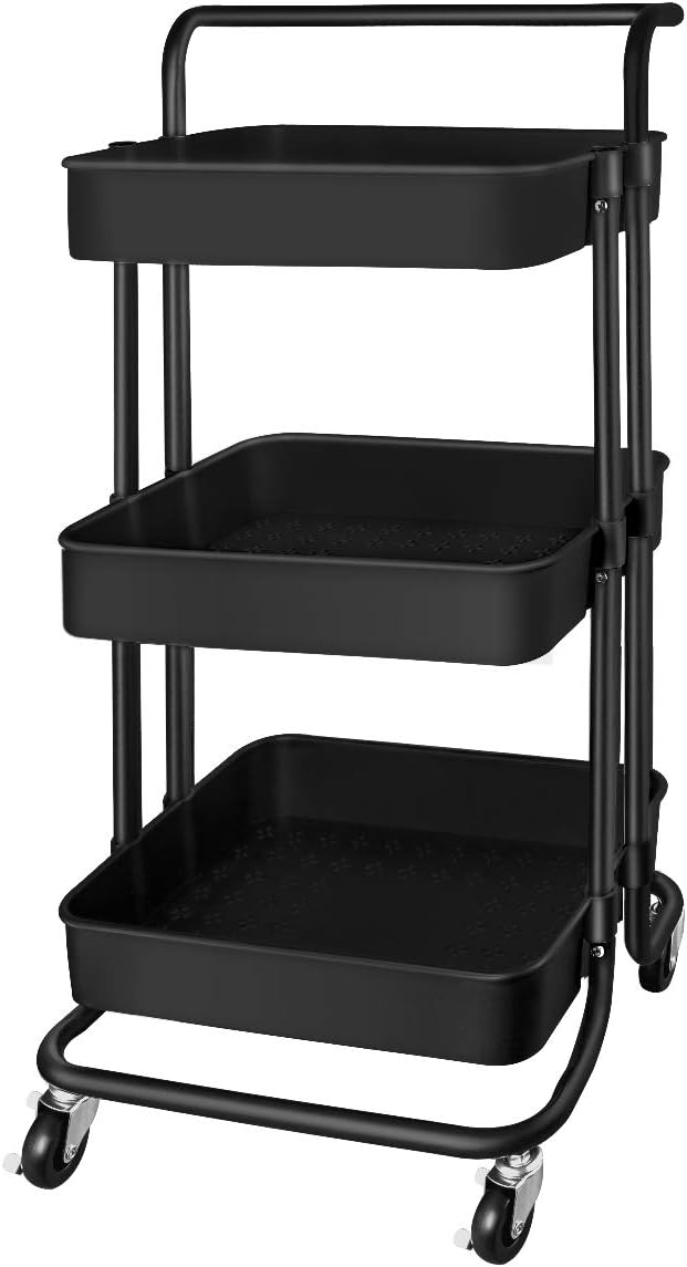 QiMH 3 Tier Rolling Storage Cart with Wheels Handle, Heavy Duty Mobile Rolling Utility Cart Multifunction Large Storage Shelves Organizer with Mesh Basket for Kitchen, Bathroom, Bedroom, Office, Black