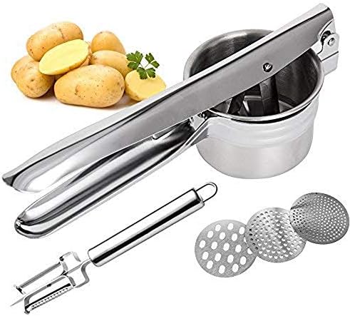 Potato Ricers - Stainless Steel Potato Mashers for Fruit and Vegetable Press, with 3 Interchangeable Discs for Coarse & Fine Ricing and 1 Multi-Function Peeler