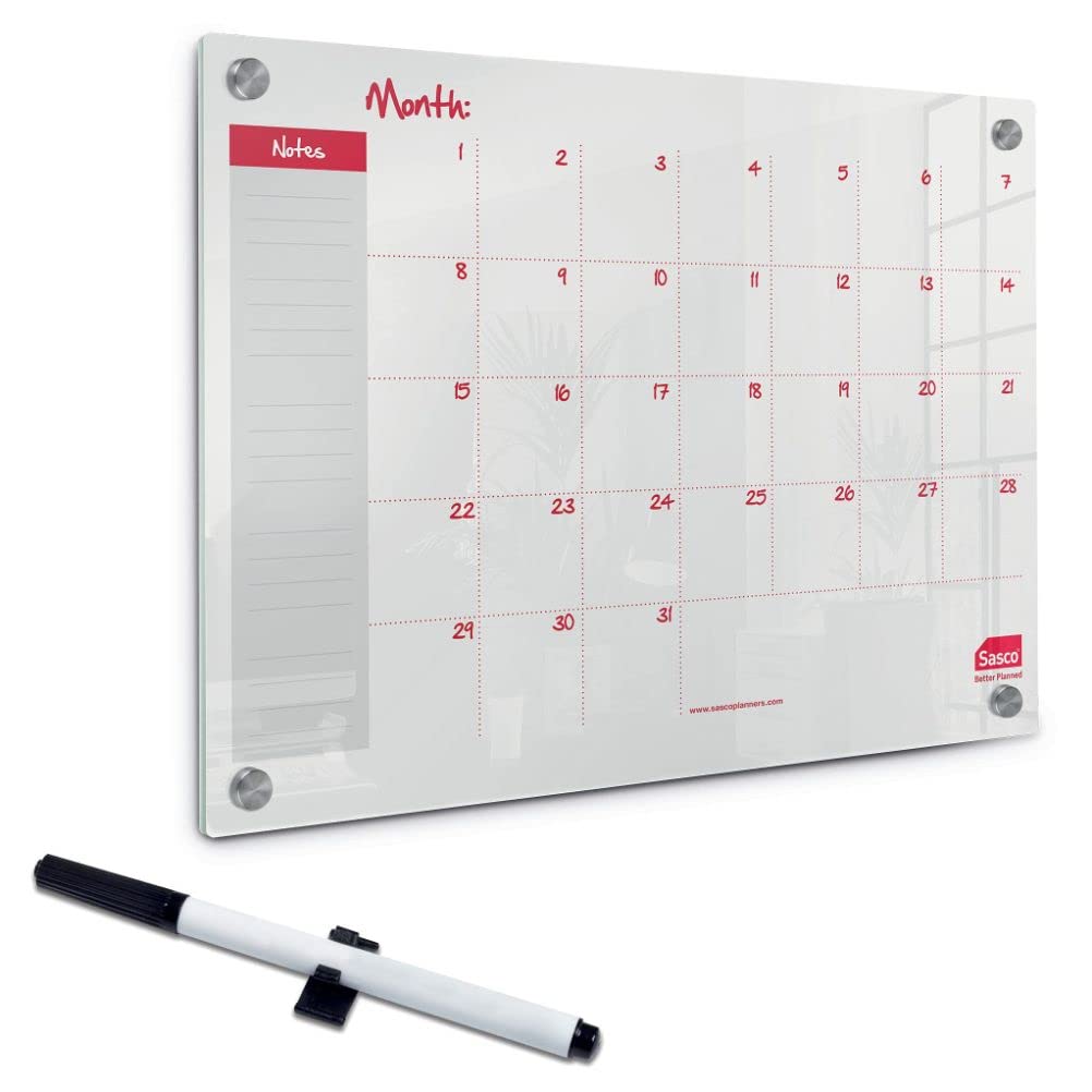 Sasco Semi Transparent Acrylic Mini Whiteboard Monthly Planner, Wall Mounted, Frameless, Dry Erase, 600 x 450, Includes Whiteboard Pen, 2410189