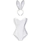 Womens Corset Bodysuit Lingerie Set with Bunny Ears Hair Band Exotic Bustiers Strapless Overbust Shapewear