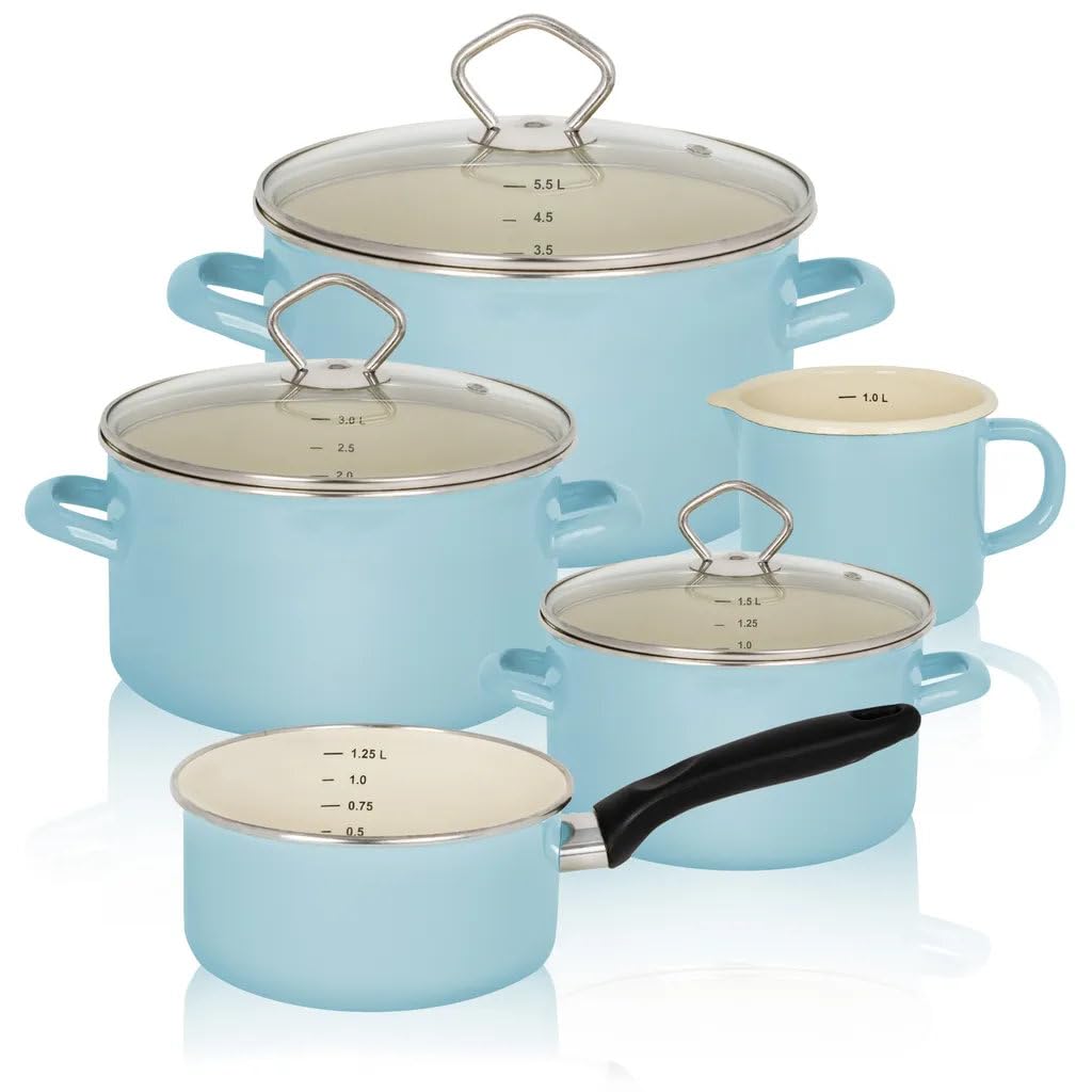 Krüger Karl 89566PAB Enamel Casserole Set/Set of 5, Pastel Blue