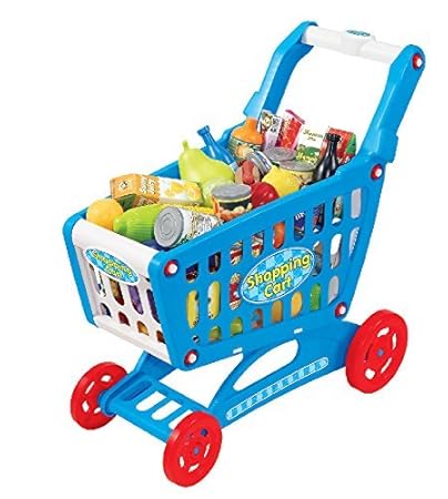 HALO NATION Fruits Vegetables Food Trolley Toy Supermarket Children Kids Shopping Cart Pretend Play Toy Kit and Foods Learning Play Set Blue