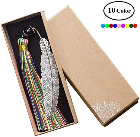 Retro Handmade Classical Chinese Style Silver Metal Feather Leaf Tassel Bookmarks Document Book Labels Page Marker DIY Gifts (Multicolor)