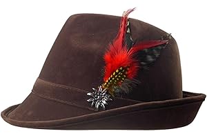 ESSENCE OF EUROPE GIFTS OktoberfestHaus | German Hunter Hat Faux Leather Fedora with Metal Edelweiss Pin & Feather, Oktoberfest Costume Accessories, German Oktoberfest hat for Men & Women, 100% Polyester | Brown