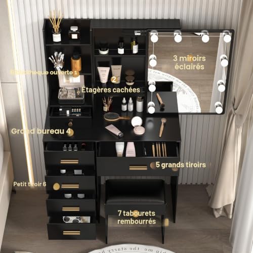 Saimeihome Dressing Table with LED Mirror, Modern Black Makeup Table with Stool, 6 Drawers and 6 Storage Shelves, 3 Lighting Modes, Bathroom Desk for Bedroom (80 x 36 x 130 cm)