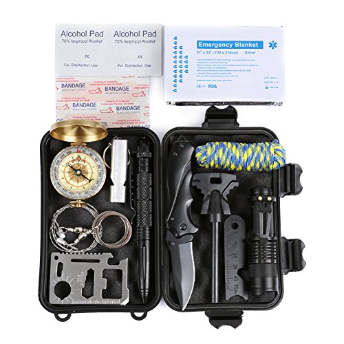 HCF Emergency Survival Kit,13 professional emergency rescue devicewith, Wilderness,Trip,Cars, Hiking,Camping gear,Wire Saw, Emergency Blanket, Flashlight, Tactical Pen, Water Bottle Clip,compass