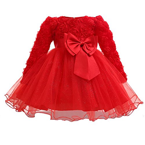 Myosotis510 Girls' Lace Princess Wedding Baptism Dress Long Sleeve Formal Party Wear for Toddler Baby Girl (7-12Months, Rose Red)