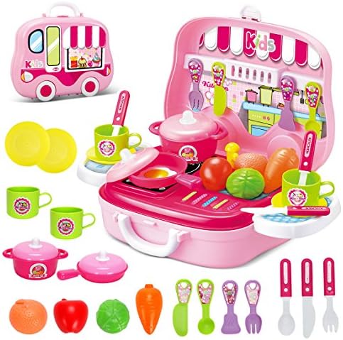 Role Play Kitchen Playset Toy Kids Pretend Cooking Kit Food Pink Set Xmas Gift for Children 3 Years Old