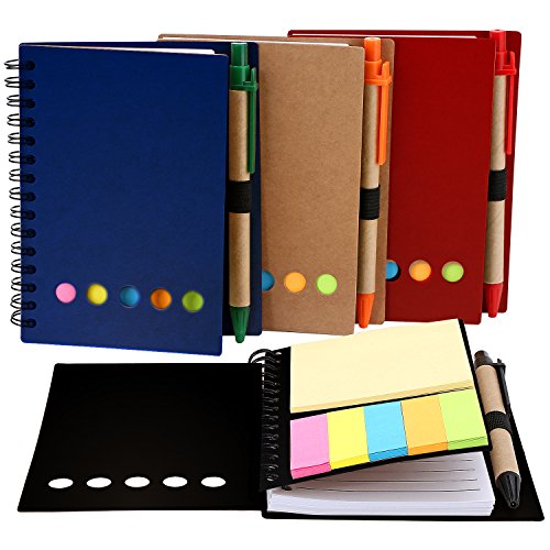 Mtlee 4 Pack Spiral Notebook Lined Notepad with Pen in Holder and Sticky Notes, Page Marker Colored Index Tabs Flags (Red, Blue, Brown, Black Cover) - Thumbnail 7