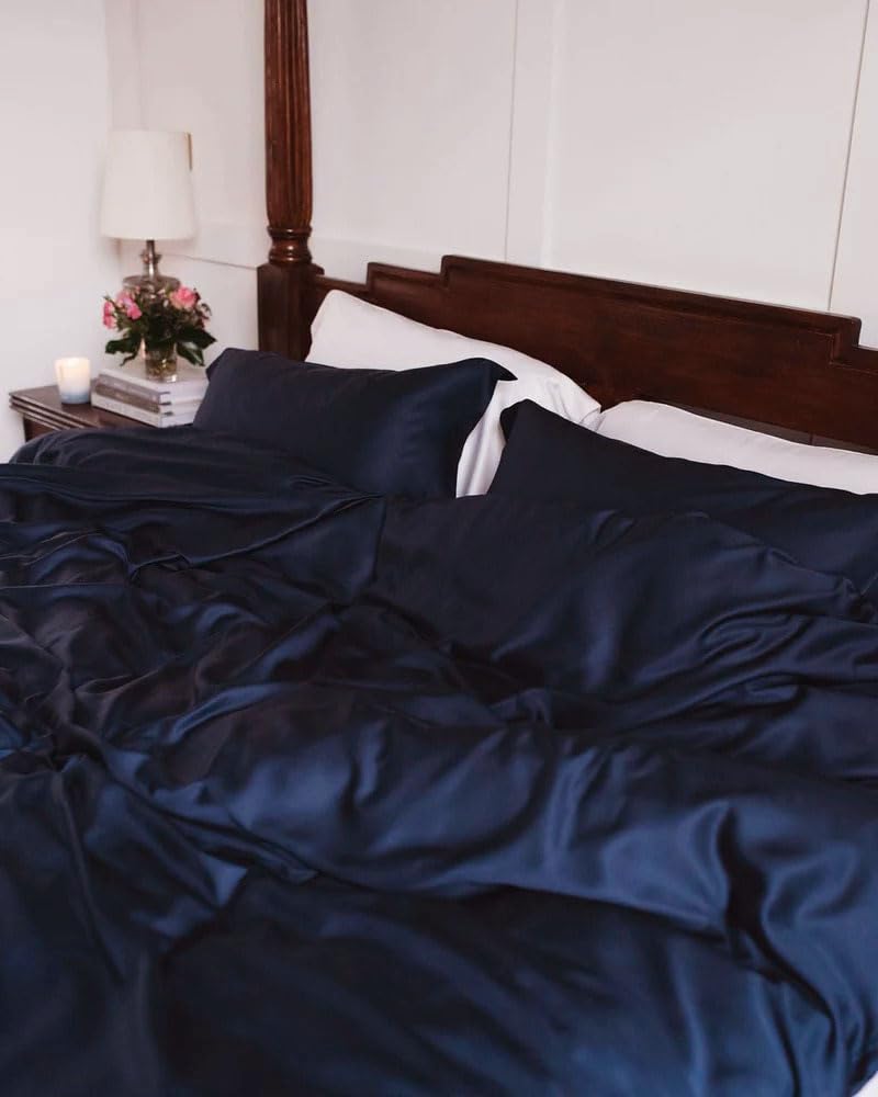 Waterlily 100% Bamboo Lyocell Bedding Set 3 Pcs Duvet Cover & Pillowcases Double King Organic Natural Soft Vegan Silk Luxury Bed Linen (Midnight Navy, Double) — image 1