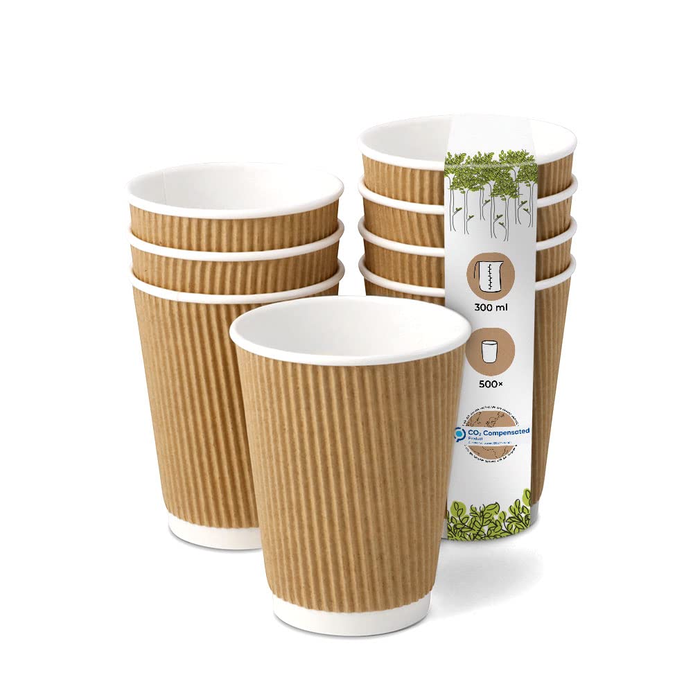 BIOZOYG 500x Insulated Disposable Coffee Cups 300 ml / 12 oz, Ø 90 mm White/Brown - Corrugated, Plastic-Free - Paper Cups for hot Drinks