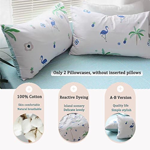 FenDie Printed Pillow Cases Queen Set of 2 Fresh Style Flowers Blue Pillow Cases Standard Cotton Girls Pillow Covers Reversible Gray Plaid Pattern