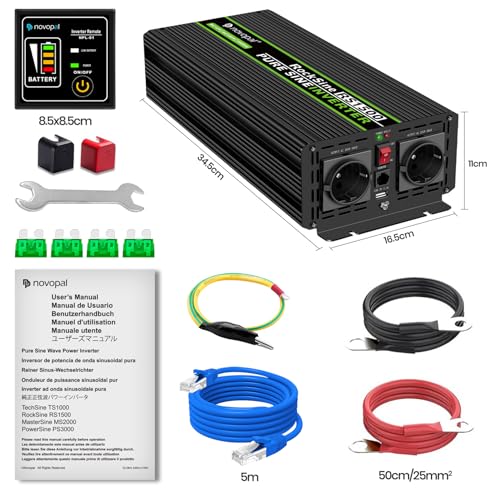 Novopal Power Inverter Pure Sine Wave 1500 W 3000 W Power Transformer Converter DC 12 V to AC 220 V 230 V Voltage Inverter, 2 EU Socket with USB Output 5 M Remote Control