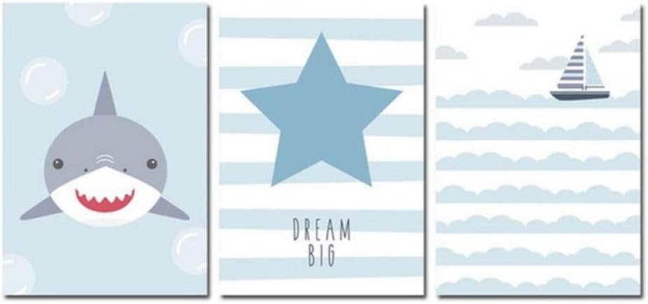 XHSM Nautical Nursery Wall Art Canvas Print Cartoon Shark Boat Poster Painting Nordic Kids Decoration Picture Baby Bedroom Decor-40X55Cmx3 Pcs Frameless