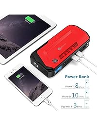 iClever 600 A Peak 18000 mAh arrancador portátil (hasta 6,5 L de gas o motor diésel de 4,0 l), batería de arranque automático, cargador de teléfono con dos puertos USB, cargador de coche y adaptador de CA, 1 rojo