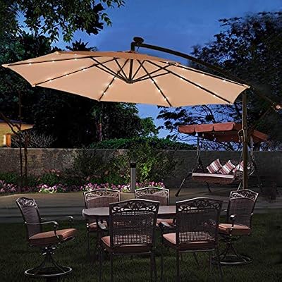 Amazon Com Tangkula 10ft Outdoor Patio Umbrella Solar Led Lighted Sun Shade Market Umbrella With Hanging Cover And Cross Base Beige Garden Outdoor