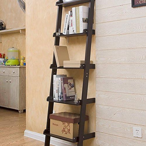 5 Tiers Wooden Wall Leaning Ladder Shelf Display Unit Bookcase Storage Shelves Stand for Living Room, Office, Bedroom