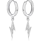 Reffeer Solid 925 Sterling Silver Lightning Bolt Drop Hoop Earrings for Women Teen Girls CZ Lightning Bolt Hoop Earrings Huggie