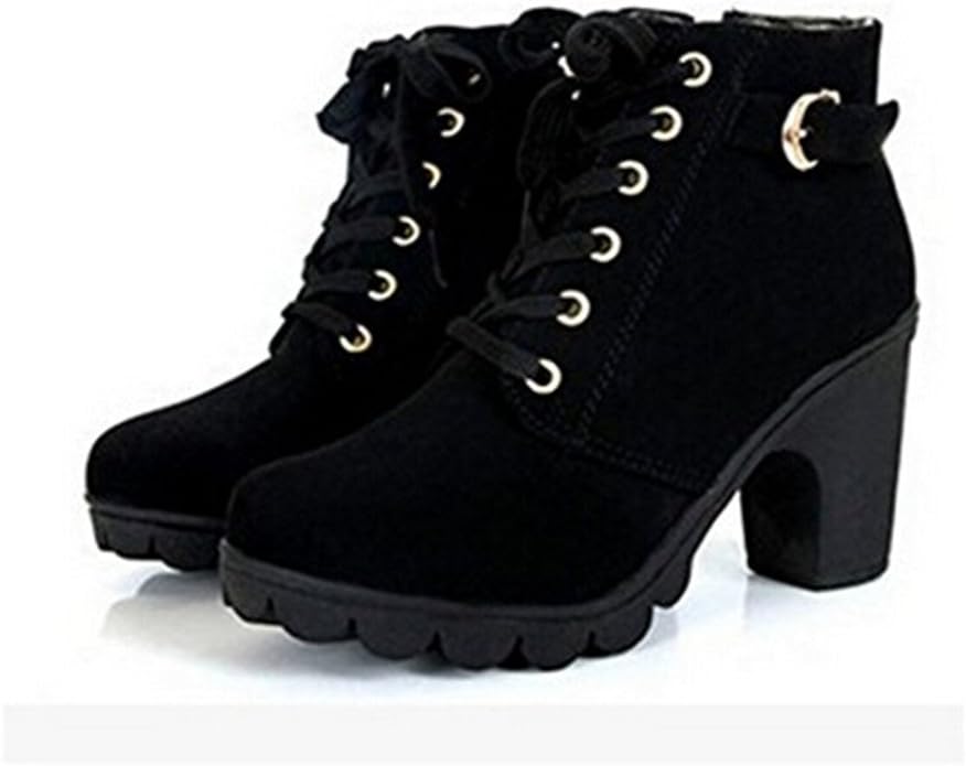 HENGSONG Women's Martin Boots Autumn and Winter Lace Side Zipper Thick with Heeled Boots