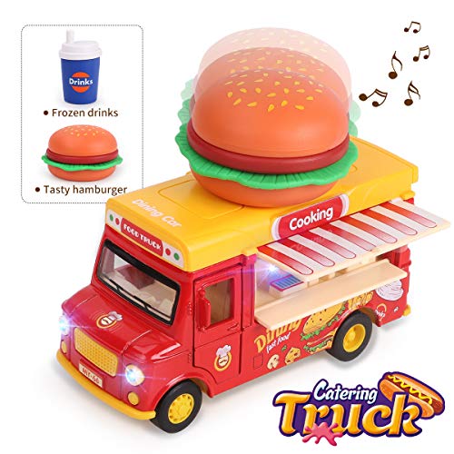 REMOKING Fast Food Car Toy, Stem Alloy Dining Pull-Back Magnetic Induction Car, 1:36 Scale Die-cast Food Truck Creative Decoration Model with Sounds and Lights, Great Gifts for Children and Adults