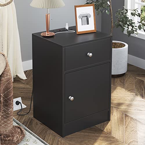 ADORNEVE Black Nightstand with USB Port, Nightstand with Drawer & Door
