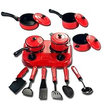 OMGOD 12 Piece Mini Kitchen Playsets, Breakfast Stove Pots and Pans Pretend Cookware Cooking Play Kitchen Set Food Toy for Kids Girl Boy - Red