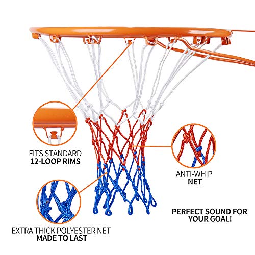 RAPICCA Heavy Duty Basketball Net Replacement 2 Packs- All Weather Anti Whip, Fits Standard Indoor or Outdoor Rims - White/Red/Blue, 12 Loops