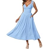 JKMNAO Women's Summer Midi Dress V Neck Casual Flowy A Line Sundress Wedding Guest Long Dresses with Pockets