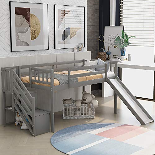 Twin Loft Beds with Slide for Kids, Low Profile Loft Beds with