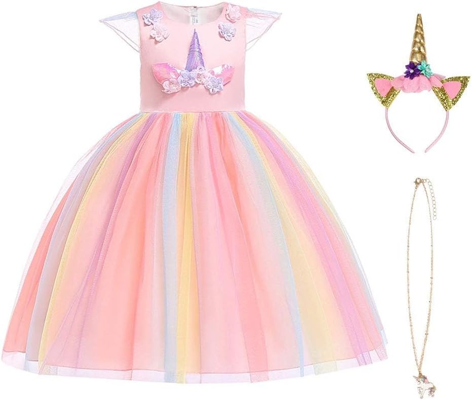 URAQT Unicorn Costume for Girls Pink Yellow 140cm Dress Necklace Headband