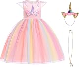 URAQT Unicorn Costume Kid Girls Dress Pink Yellow 100cm with Necklace Headband