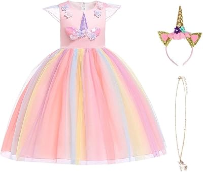 URAQT Unicorn Costume for Kids Pink & Yellow 110cm Princess Dress Set